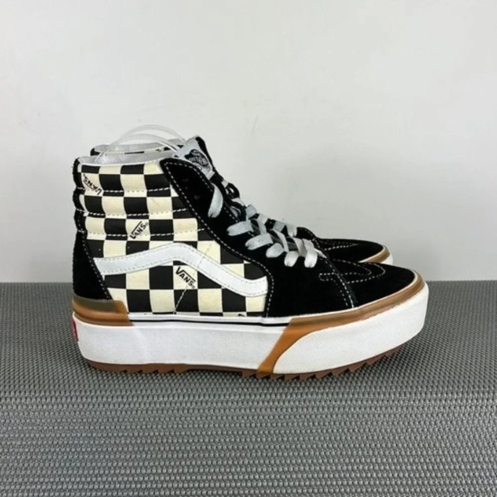 Vans black white checkerboard sk8 hi stacked platform shoes women’s size 8